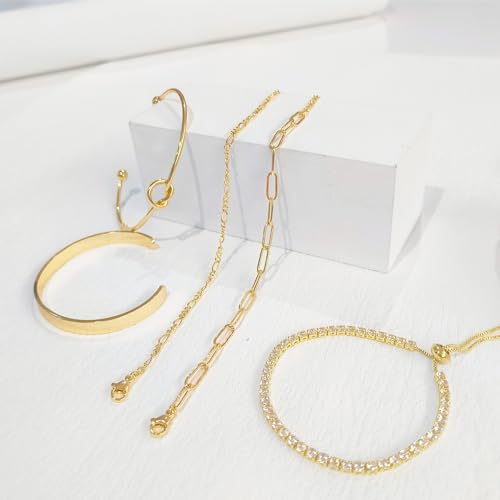 HERIER Gold Bracelets for Women 18k Gold Plated Bracelet Stack Bangle Cuff Bracelet Set for Women Non Tarnish Beaded/Paperclip/Cuban Link Chain Bracelets Jewelry for Women Trendy - style: Bangle Tennis5-Gold