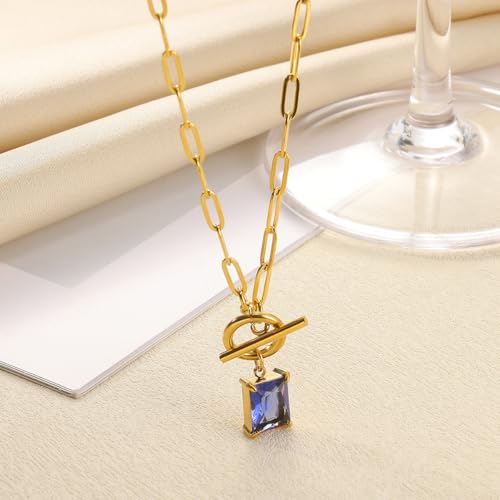 Diamond Necklaces for Women Natural Stone Paperclip Toggle Necklace 14K Gold Plated Emerald Birthstone Necklace for Women Paper Clip Chain Blue Green Cubic Zirconia Pendant Birthday Gifts for Women Mother Jewelry - color: 09. September(Sapphire)