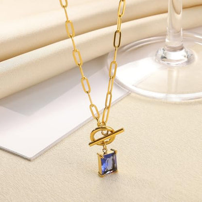 Diamond Necklaces for Women Natural Stone Paperclip Toggle Necklace 14K Gold Plated Emerald Birthstone Necklace for Women Paper Clip Chain Blue Green Cubic Zirconia Pendant Birthday Gifts for Women Mother Jewelry - color: 09. September(Sapphire)