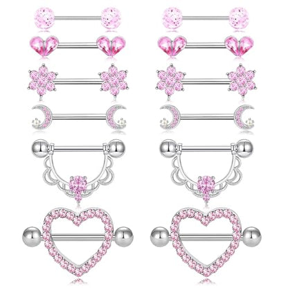 14G Nipple Rings for Women 316L Stainless Steel Heart,Butterfly,Moon,Devil,Flower Nipple Barbell CZ Nipple Rings Set Nipplerings Piercing Jewelry - color: PINK 1