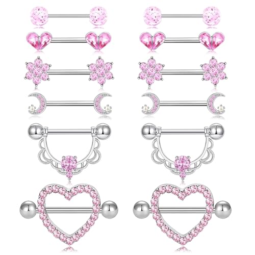 14G Nipple Rings for Women 316L Stainless Steel Heart,Butterfly,Moon,Devil,Flower Nipple Barbell CZ Nipple Rings Set Nipplerings Piercing Jewelry - color: PINK 1