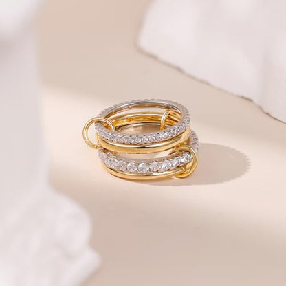 18K Gold Plated Stackable Rings for Women CZ Mixed Metal Statement Rings Set Non Tarnish Interlocked Stacked Ring Unique Connected Band Thumb Ring Fashion Multi-layer Wedding Ring Jewelry Size 6-10 - style: Gold Style B