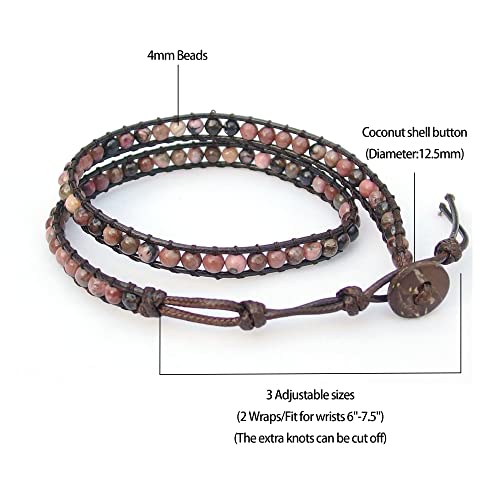 Genuine Stone Wrap Bracelets for Women Natural Crystal Beaded Wrap Bracelet 2/3/5 Adjustable Bohemian Bracelets Jewelry Gifts for Women Mom - color: rhodonite(2 wraps)