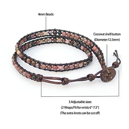 Genuine Stone Wrap Bracelets for Women Natural Crystal Beaded Wrap Bracelet 2/3/5 Adjustable Bohemian Bracelets Jewelry Gifts for Women Mom - color: rhodonite(2 wraps)