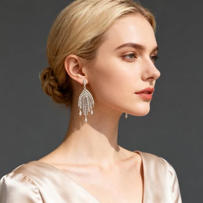 Fringe Dangling Tassel Earrings for Women, Handcrafted Chandelier Long Bohemian Beaded Cubic Zirconia Crystal Imitation Pearls Inlay Statement Boho Chain Hook Earrings for Wedding Party - color: White Gold Hook