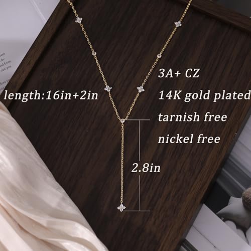 Long Gold Necklace For Women,Dainty Lariat Y Necklace 14K Gold Plated Cute Cubic Zirconia Lariat Necklaces Trendy Simple Statement Rhinestone Choker Necklaces Summer Jewelry - color: Gold-style 1