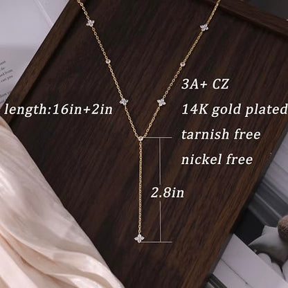 Long Gold Necklace For Women,Dainty Lariat Y Necklace 14K Gold Plated Cute Cubic Zirconia Lariat Necklaces Trendy Simple Statement Rhinestone Choker Necklaces Summer Jewelry - color: Gold-style 1