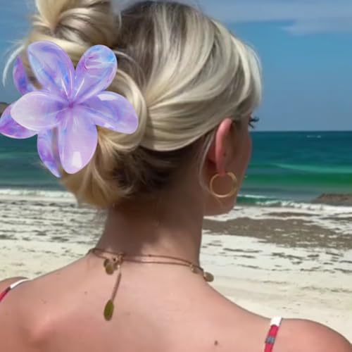 Flower Hair Clips for Women Girls Claw Clips Set Blue-Purple Plumeria with Marble Design Barrettes Summer Hair Clip Fashion Hair Styling Accessories for Thick Thin Hair(3Pcs:1 Large 2 Small) - color: Blue-Purple