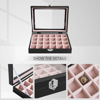 Wudygirl 24 Grid Earring Organizer Small Jewelry Box with Lid BlackPink | Ring Box with Adjustable Dividers, Velvet Lining, Ideal for Rings, Earrings, Jewelry Display, Gift Giving - style: Black Pink 24 Grid