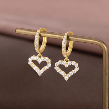 SLUYNZ 925 Sterling Silver CZ Sweet Love Hoop Earrings for Women Teens Hollow Heart Huggie Earrings Drop - color: B-Yellow