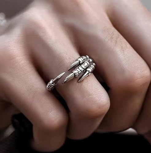 HUUGVBCO Dainty Dragon Claw Asymmetric Wrap Open Rings for Women Men Gothic Punk Vintage Silver Adjustable Statement Promise Engagement Fashion Finger Knuckle Tail Band Ring