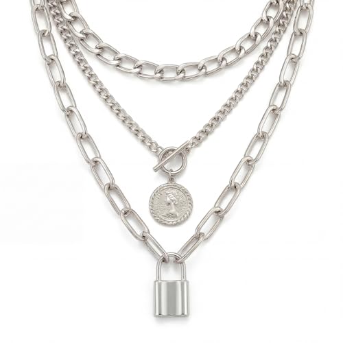 9-Piece Gold Tone Layered Chain Necklace Set for Women, Versatile Stackable Necklaces with Vertical Bar/Herringbone/Padlock Coin Charms, Trendy Boho Jewelry - style: TZY-003360