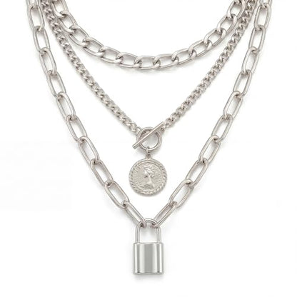 9-Piece Gold Tone Layered Chain Necklace Set for Women, Versatile Stackable Necklaces with Vertical Bar/Herringbone/Padlock Coin Charms, Trendy Boho Jewelry - style: TZY-003360