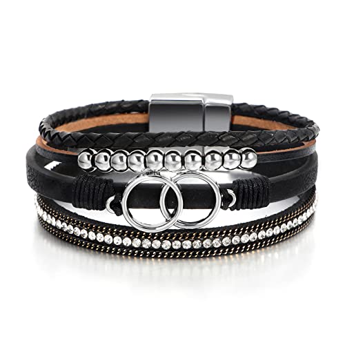 Fesciory Leather Wrap Bracelet for Women, Boho Western Layered Cuff Jewelry | Stackable Bracelets, Easy-On Clasp, Daily Wear, Pairs with Boho Western Outfits, Gift for Women - color: Black11