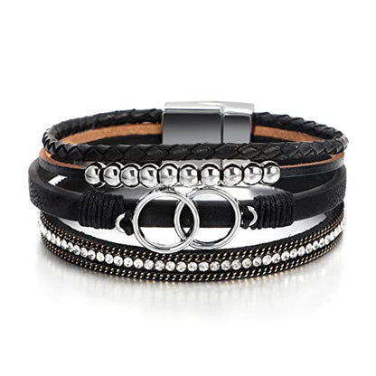 Fesciory Leather Wrap Bracelet for Women, Boho Western Layered Cuff Jewelry | Stackable Bracelets, Easy-On Clasp, Daily Wear, Pairs with Boho Western Outfits, Gift for Women - color: Black11