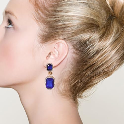 YINLI Austrian Crystal Square Shape Dangle Drop Clip on Earrings for Women - color: Blue,Gold