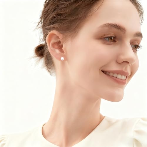 White Faux Pearl Stud Earrings, S925 Silver Posts Hypoallergenic for Women - color: Pinkish White, size: 8mm