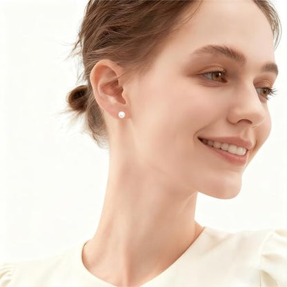White Faux Pearl Stud Earrings, S925 Silver Posts Hypoallergenic for Women - color: Pinkish White, size: 8mm