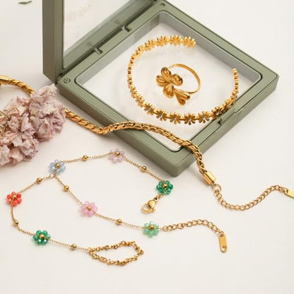 Dainty Flower Beaded Ring Bracelet Hand Chain for Women Stainless Steel 18K Gold Plated Colorful Flowers Daisy Adjustable Satellite Bead Harness Slave Wrist Link Bracelets Boho Jewelry Summer Beach