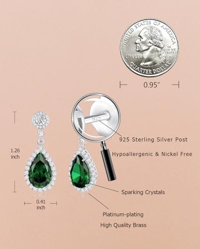 Silver Diamond Dangle Earrings for Women Rhinestone Teardrop Crystal Cubic Zirconia Drop Dangling Wedding Costume Jewelry - color: 05.May-White Gold Plated | Emerald Green