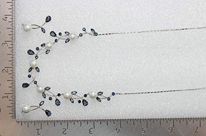 Faship Genuine 10mm Freshwater Pearls Floral Necklace Earrings Set | Premium CZ Crystal, Gorgeous, Sparkling - color: Navy Blue