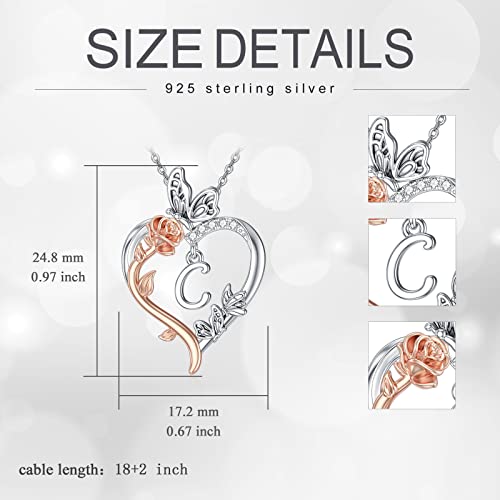 TOUPOP Gifts for Women Her 925 Sterling Silver Rose Heart Initial Necklace Butterfly Heart Jewelry Anniversary Birthday Gifts for Wife Girlfriend Mom - color: C Initial