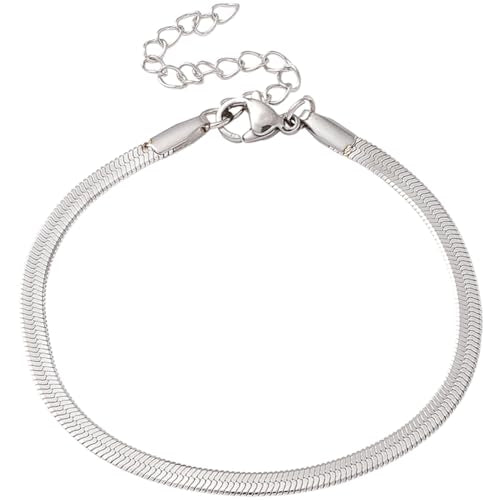 Herringbone Flat Snake Chain Bracelet Vintage Shiny Silver Stainless Steel Jewelry for Men Women Dainty Simple Stackable Layered Herringbone Bracelets Trendy Accessories Gift - color: Silver