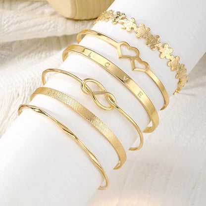 IFKM Gold Bangle Bracelets For Women, 14k Gold Plated Multi Layer Stackable Cuff Bracelet Set, Trendy Elegance Charms Non Tarnish Minimalist Textured Boho Jewelry Gift for Women - style: 6pcs LOVE Flower