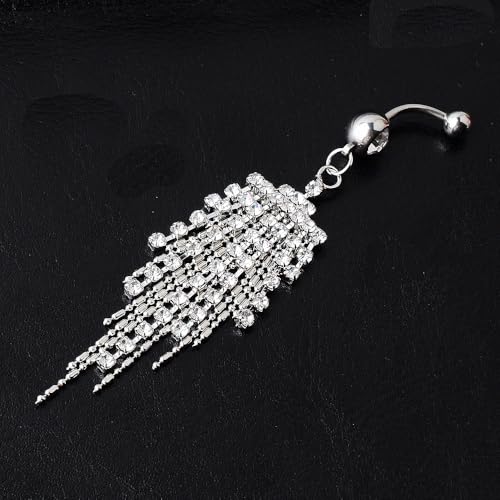14G CZ Tassel Dangle Belly Button Rings for Women Sparkling Cubic Zirconia Crystal Fringe Dangling Belly Navel Studs Rings Navel Curved Barbell Body Piercing Jewelry