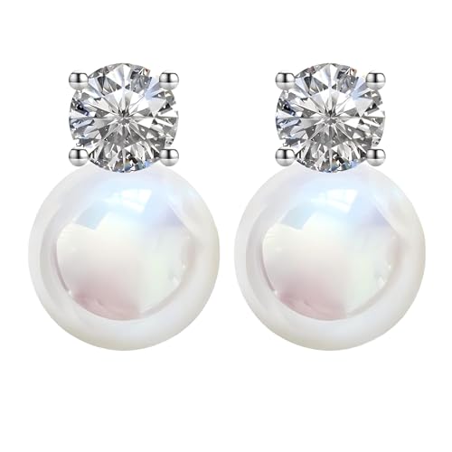 Faux Pearl Cubic Zirconia Stud Earrings, Hypoallergenic Lightweight Round Pearl Studs for Women - color: Pinkish White, size: Pearl 10mm-CZ 6mm