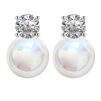 Faux Pearl Cubic Zirconia Stud Earrings, Hypoallergenic Lightweight Round Pearl Studs for Women - color: Pinkish White, size: Pearl 10mm-CZ 6mm