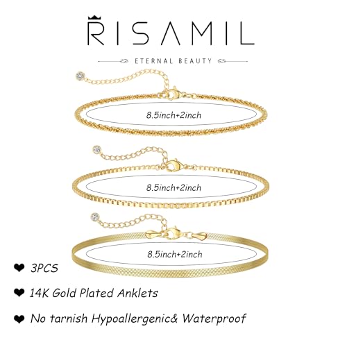 Risamil 14K Gold Plated Ankle Bracelets for Women, Anklets for Women Waterproof Layered Ankle Bracelets for Women Teen Girl Herringbone Anklet Set Summer Foot Jewelry Gifts - color: 3PCS-06