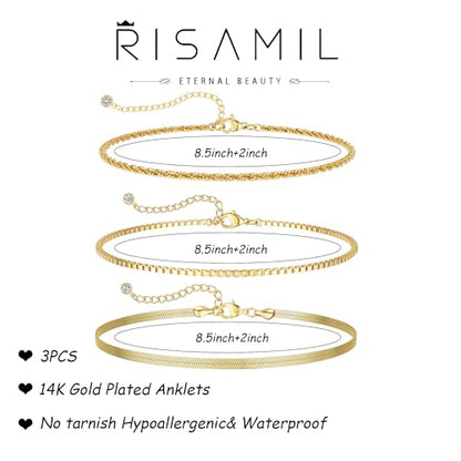 Risamil 14K Gold Plated Ankle Bracelets for Women, Anklets for Women Waterproof Layered Ankle Bracelets for Women Teen Girl Herringbone Anklet Set Summer Foot Jewelry Gifts - color: 3PCS-06