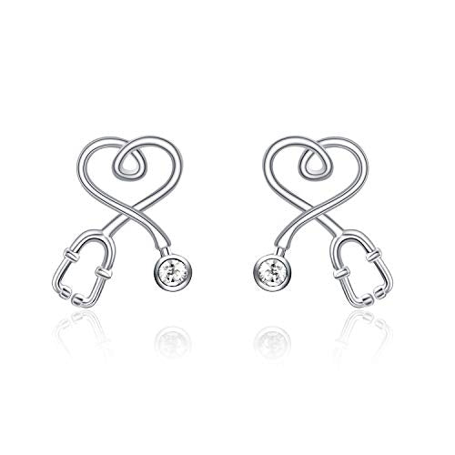 Stethoscope Earrings 925 Sterling Silver Heart Studs Earrings 12 Months Birthstone Crystals from Austria, Graduation Jewelry Gifts for Nurse Doctor RN Medical Student - color: Simulated Diamond