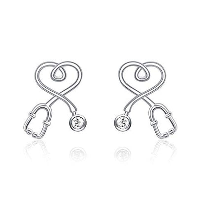 Stethoscope Earrings 925 Sterling Silver Heart Studs Earrings 12 Months Birthstone Crystals from Austria, Graduation Jewelry Gifts for Nurse Doctor RN Medical Student - color: Simulated Diamond