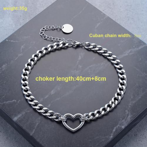 Stainless Steel O Ring Choker Necklace for Women Men Chunky Cuban Chain Collar Punk Statement Jewelry Gift for Edgy Streetwear & Aesthetic Outfits - color: Silver 1 heart