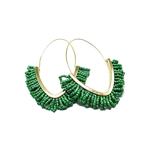 V-Shaped Beaded Dangle Earrings - Statement Drop Fringe Earrings, Boho Handmade Tassel Jewelry Gift for Women - color: Green