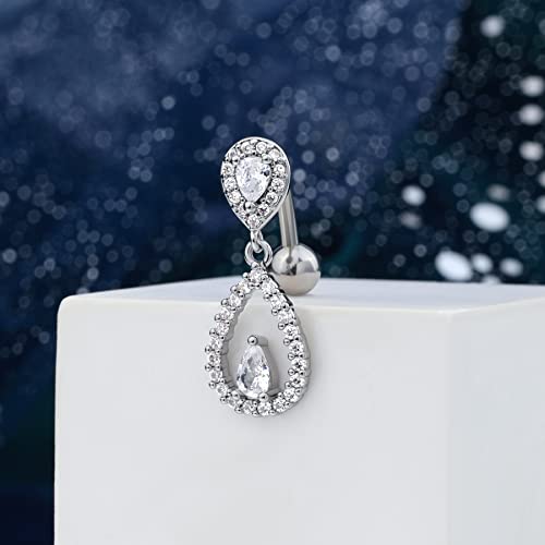 Top Down Belly Button Rings 14g Cute CZ Heart Belly Button Rings for Women Dangle Tear Drop Belly Ring Belly Piercing Jewelry - color: Silver