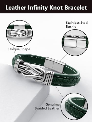 Mens Black Braided Leather Bracelet, Green/Red/Brown/Black Braided Leather Infinity Knot Bracelets for Men with Stainless Steel Clasp, 7.5/8.5/9in Length - color: 04-Green