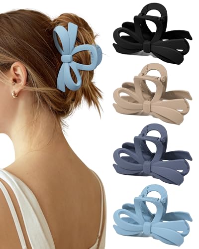ACECHA Large Cute Bow Claw Clip for Women Thick Hair, Strong Grip Blue | matte finish, non-slip & durable bows clips, 4.1 inch large size, ideal for thick hair, daily wear, work, parties - color: Black, Dark Khaki, Gray, Blue
