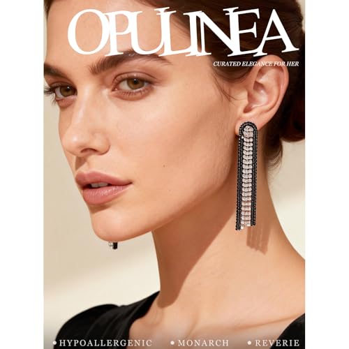 Fringe Dangling Tassel Earrings for Women, Handcrafted Chandelier Long Bohemian Beaded Cubic Zirconia Crystal Imitation Pearls Inlay Statement Boho Chain Hook Earrings for Wedding Party - color: Gold Black Clear Crystal