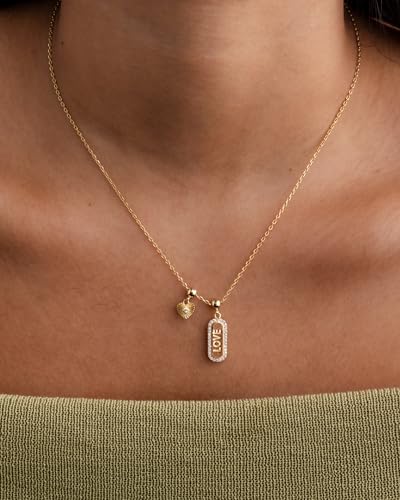 PAVOI 14K Gold Plated Dainty Necklace with Removable Charms Set for Women | 2 and 3-Pack Small Motif & Mantra Pendants, Adjustable Chain Gold Charm Necklace, Cute Jewelry Gifts - style: Love Pack