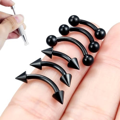 Internally Threaded Eyebrow Piercing Jewelry Surgical Steel Tiny Eyebrow Rings Vertical Labret Lip Jewelry Small Ear Rook Earring for Women Men 18g 16g 14g Plus Piercing Ball Grabber Tool - color: black, size: 14g,ball+spike end