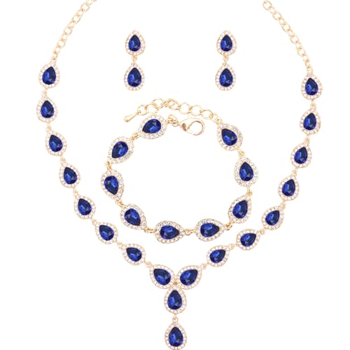 Austrian Crystal Rhinestone Necklace Dangle Earrings Link Bracelet Jewelry Set for Brides Bridesmaid Prom Costume Accessories for Women - color: Blue-Gold Plated