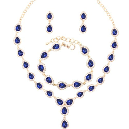 Austrian Crystal Rhinestone Necklace Dangle Earrings Link Bracelet Jewelry Set for Brides Bridesmaid Prom Costume Accessories for Women - color: Blue-Gold Plated