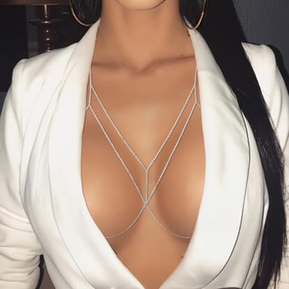 Chest Body Chains for Women 14K Gold Plated Sexy Layered Crossover Bikini Bra Chain Rhinestone Belly Waist Chain Adjustable Summer Beach Body Jewelry - color: Sliver Thick