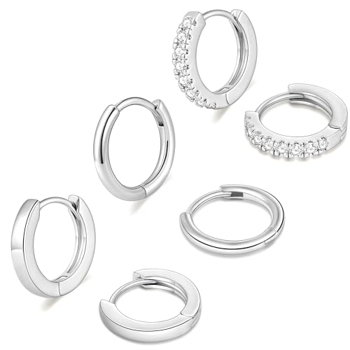 micuco 3 Pairs Small Gold Hoop Huggie Earrings Set for Women Men Tendy | 14K Gold Plated Small Huggie Hoop Earrings for Men, Tiny Cartilage Hypoallergenic Earring Set - style: R# 3 Pairs Silver 10-10-10mm