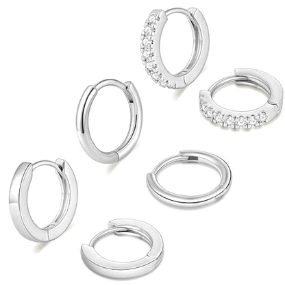 micuco 3 Pairs Small Gold Hoop Huggie Earrings Set for Women Men Tendy | 14K Gold Plated Small Huggie Hoop Earrings for Men, Tiny Cartilage Hypoallergenic Earring Set - style: R# 3 Pairs Silver 10-10-10mm