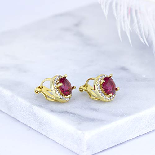 YOQUCOL 8MM Cubic Zirconia Crystal Clip On Stud Earrings Round Non Pierced Earrings for Women - color: Gold-Red