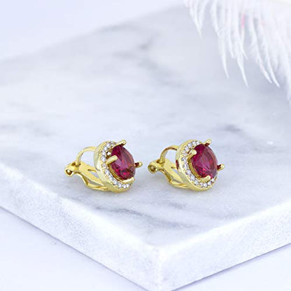 YOQUCOL 8MM Cubic Zirconia Crystal Clip On Stud Earrings Round Non Pierced Earrings for Women - color: Gold-Red